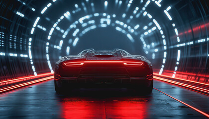 Naklejka premium Futuristic car in neon-lit digital tunnel, glowing red lights, cyberpunk and high-tech vibes