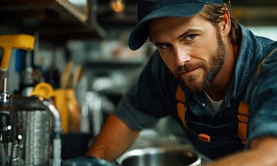 Plumber working in a kitchen