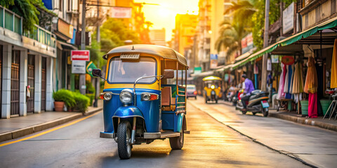 Obraz premium Auto rickshaw parked on a busy street in Thailand , tuk-tuk, transportation, vehicle, Asia, travel, tourist, taxi