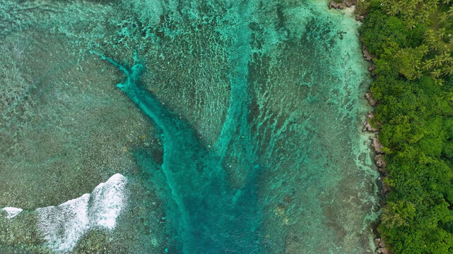 Aerial view of tropical island with turquoise reef, clear water, and lush palms, Shefa, Vanuatu.