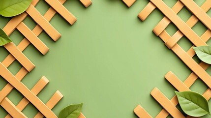 Wooden lattice frame with green leaves on a green background