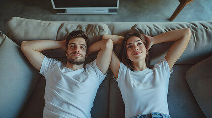 Happy young couple relaxing on the sofa at home.