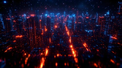 Obraz premium A sprawling futuristic city at night, neon lights reflecting off sleek skyscrapers, with flying vehicles zooming between glowing towers, Cyberpunk, Neon, 3D render, high detail