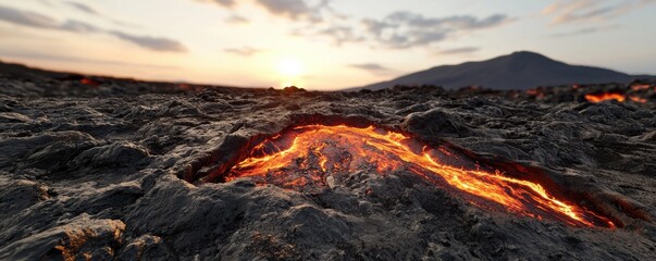 Stunning view of glowing lava flowing over rocky terrain at sunset, showcasing the beauty of volcanic activity and natural landscapes.