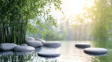 Tranquil scene of a serene pond with stepping stones and lush green bamboo.