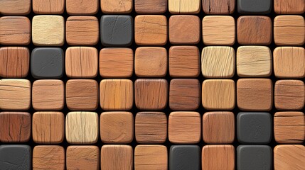 Obraz premium Close-up of a wall made of wooden blocks in various shades of brown.