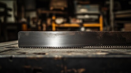 Close-up of a handsaw in a warehouse, emphasizing the metallic texture and gleam of the blade under harsh lighting. No logos or people, clear focal point on the teeth.