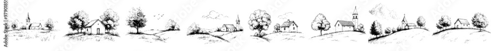 Wall mural illustration of a village landscape with a church and houses in a country setting. hand drawn modern