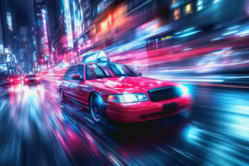 Fototapeta premium Futuristic neon-lit city, speeding taxi, motion blur, night, vibrant urban scene, cyberpunk style