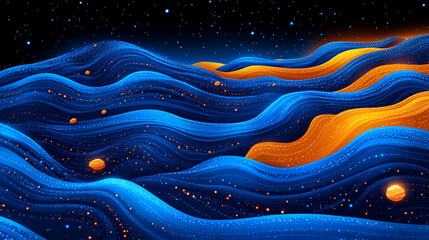 Vibrant abstract ocean waves in blue and orange hues, set against a starry night sky. Perfect for creative projects and designs.