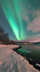 The Northern Lights at the night sky with vibrant hues of green, purple glowing