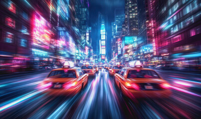 Obraz premium Futuristic neon-lit city, speeding taxi, motion blur, night, vibrant urban scene, cyberpunk style