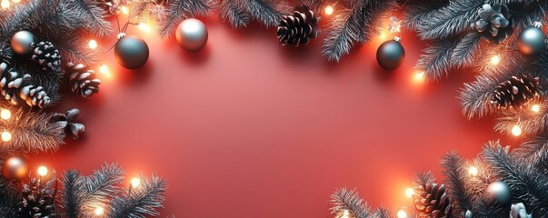 Festive holiday background with Christmas ornaments, pine cones, and lights on a red backdrop. Perfect for seasonal designs and greetings.