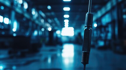 Close-up of a screwdriver in a warehouse, emphasizing the metallic texture and shine under harsh lighting. No logos or people, with a clear focal point.