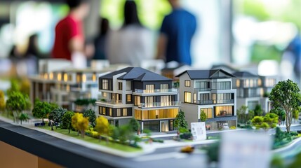 Visitors explore colorful model homes at an open-air real estate fair, engaging with displays and learning about home purchasing opportunities
