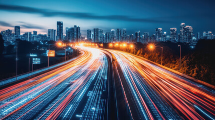 Futuristic cityscape with neon lights, glass reflections, digital interface, and geometric patterns