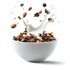 Splashing Milk with Nuts and Chocolate Cereal in a Bowl