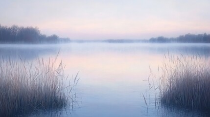 Fototapeta premium Tranquil lake scene with mist and reeds at dawn.