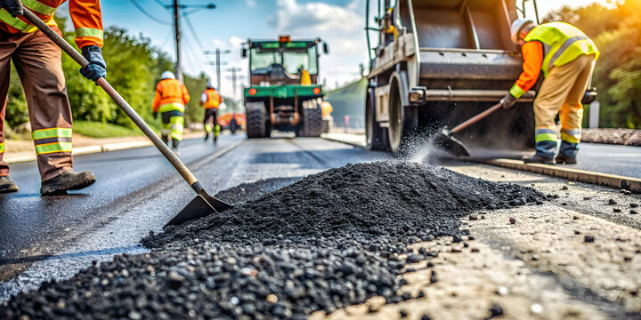 Fresh asphalt being poured on a road during construction work, road, construction, highway, maintenance