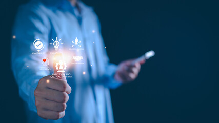 Soft skills HR concept. Business man with icons of soft skills, emotional intelligence, creativity, collaboration, adaptability, decision making and analytical thinking. Soft skills business training