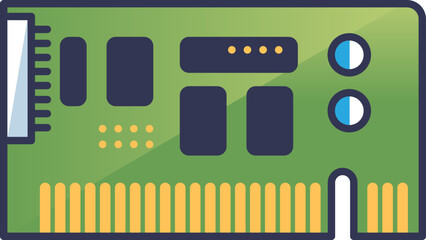 Illustration of a green circuit board with microchips, capacitors, and gold connectors, symbolizing technology and computing.