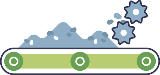 Illustration of a conveyor belt with gears grinding material, symbolizing industrial processing.