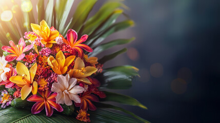 A vibrant arrangement of tropical flowers showcases stunning display of colors and textures, perfect for celebrations or decorative purposes. beauty of nature is captured in this exquisite floral comp