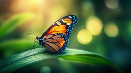 Naklejka premium Monarch butterfly resting on a leaf in the sunlight