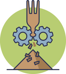A recyclable fork is crushed by gears, symbolizing recycling and waste management.