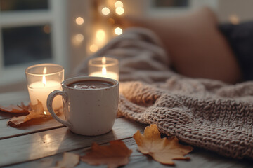cozy ambient, cup of coffee, candles and wood blanket by the window, fall winter vibes