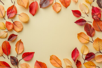 Red, brown, orange and yellow autumn leaves frame on vanilla background