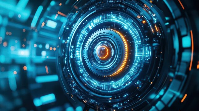 A rotating gear mechanism inside a spacecraft engine, glowing with alien technology as it prepares for fasterthanlight travel