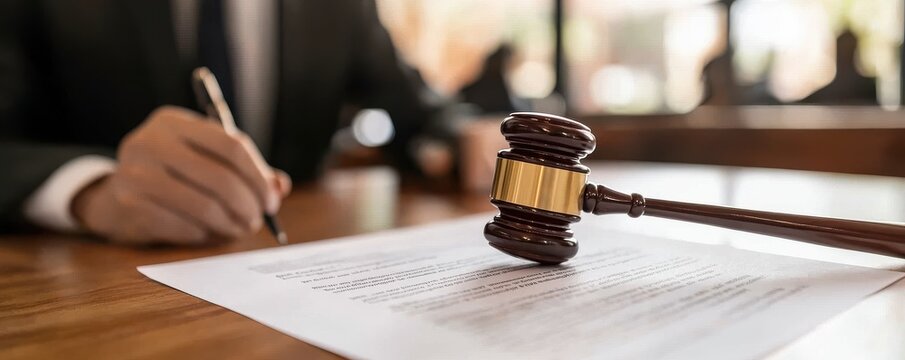 A gavel placed on a legal document, symbolizing justice and law in a courtroom setting.