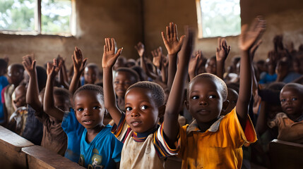 Fototapeta premium Group of african schoolchildren sitting at a desk with books