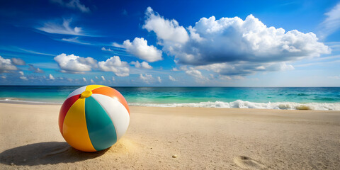Obraz premium Beautiful vacation background with an inflatable beach ball resting on the sand , vacation, wallpaper, beach, ball, sand