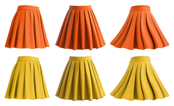 2 Set of yellow orange gold short mini pleated A-line textured tennis flowy flare skirt, front side twirl on transparent cutout, PNG file. Many different angle. Mockup template for artwork design