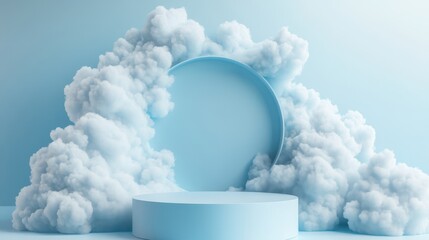 3D white cylindrical podium with cloud on sky,cotton candy and fluffy product display background,exhibition gallery display,vector,Product presentation realistic podium,platform,space for text.