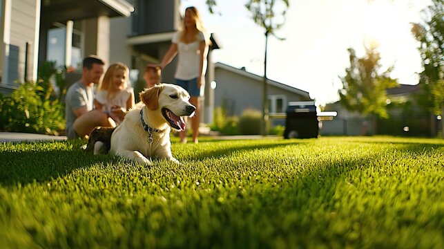 happy family playing with their dog in the front yard