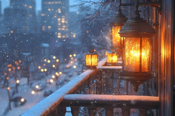 Snowy evening with glowing lanterns on a city balcony