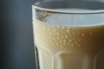 Close-up of a frosty glass filled with creamy beverage