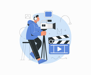 Adobe Illustrator Artwork of a man is recording a video camera with a camera in front of him..