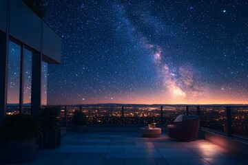 Starry night view from a rooftop terrace overlooking the city skyline