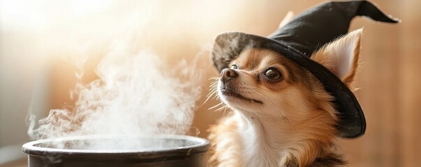 Adorable dog wearing a witch hat, gazing curiously at a bubbling cauldron, perfect for Halloween-themed projects.