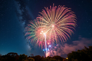 Spectacular Fireworks Illuminate Night Sky Against Milky Way: Perfect for Event Planning, Tourism, and Festive Promotions