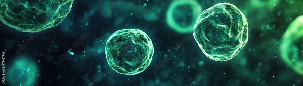 Aufkleber Close-up view of green microscopic cells in a dark space, showcasing intricate details and biological structures.