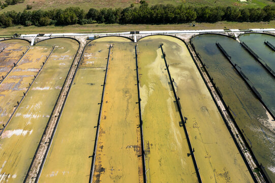 Aerial view of aquaculture facility with raceways and water lentil production, Fellsmere, United States.