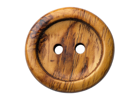 A wooden button with natural grain patterns, isolated on a transparent background.