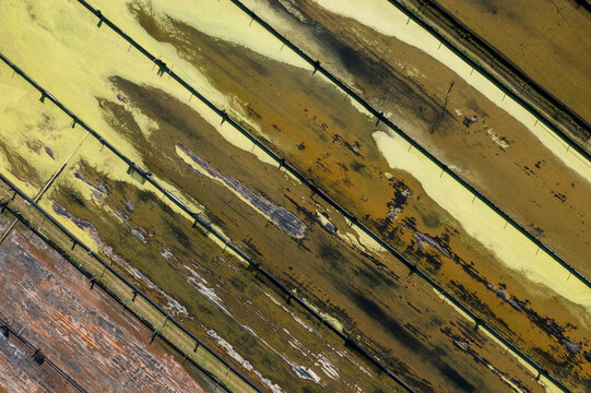Aerial view of parabel nutrition aquaculture facility with raceways and water lentil, Fellsmere, Florida, United States.