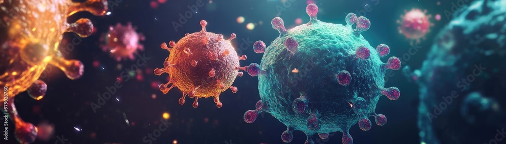 Poster colorful depiction of microorganisms highlighting their diverse shapes and structures, representing 