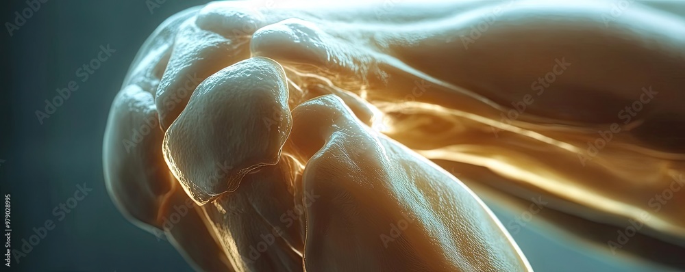 Poster detailed view of a human elbow joint showcasing anatomy and muscle structure in a dramatic lighting 
